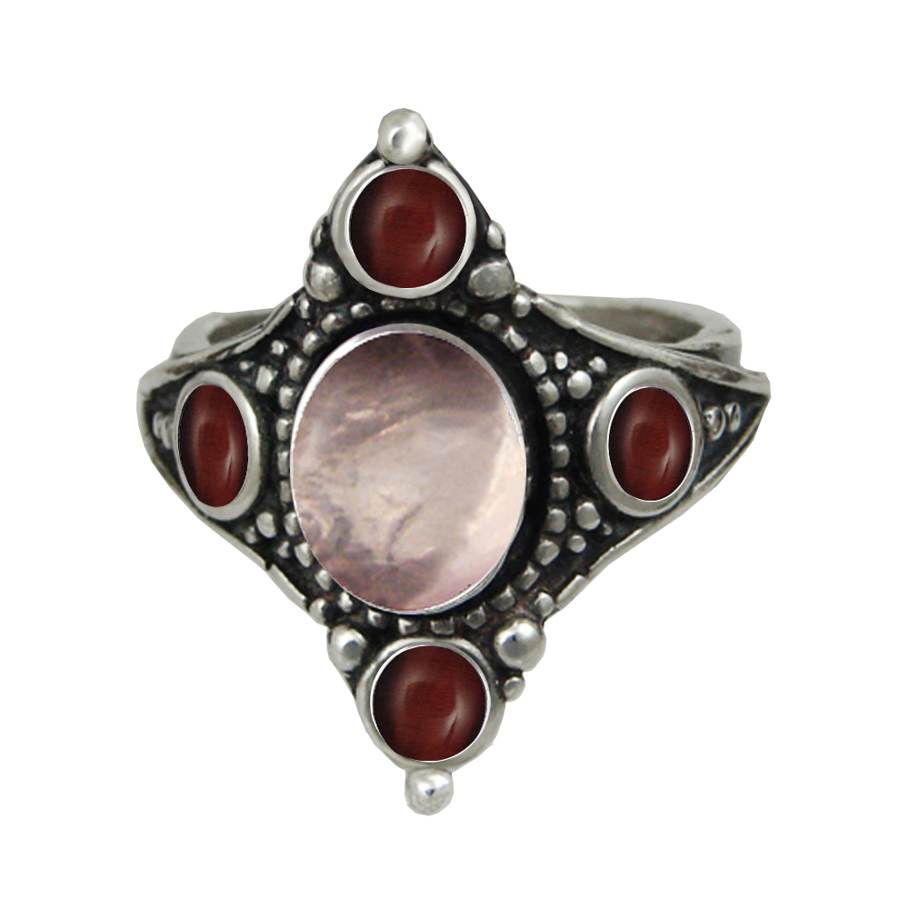 Sterling Silver Renaissance Queen's Ring With Rose Quartz And Red Tiger Eye Size 10